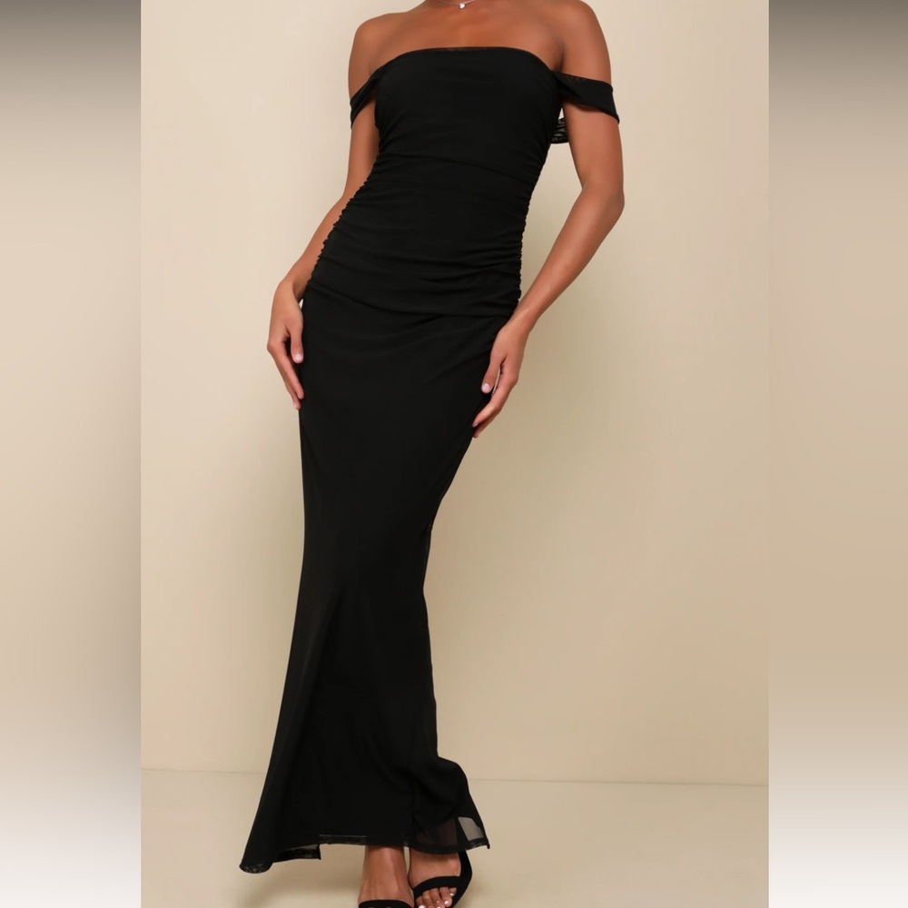 Black Mesh Ruched Column Dress